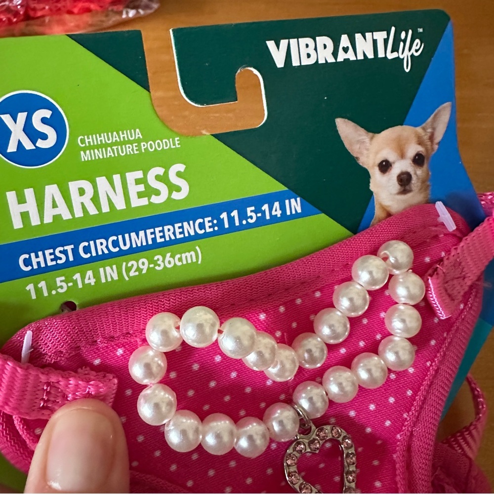 🔴 5 for $10 ONE Vibrant Life Pink Polka Dot Dog Harness Heart Pearl Necklace - Picture 2 of 4